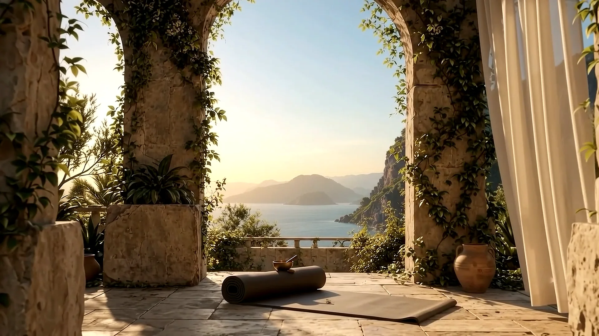 A rolled mat on a terrace, the arch standing open to a coastline at first light.